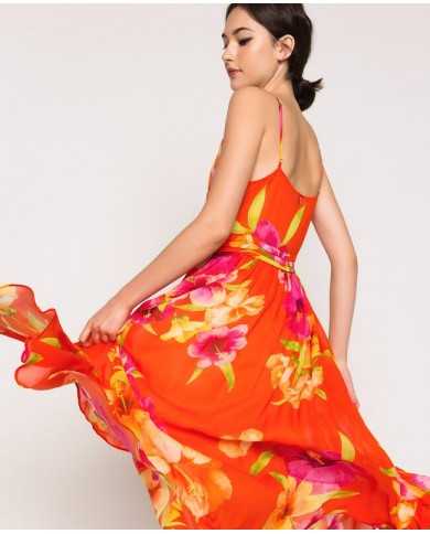 Abito arancione donna con stampa Hibiscus Flame | TWINSET Abito arancione donna con stampa Hibiscus Flame | TWINSET