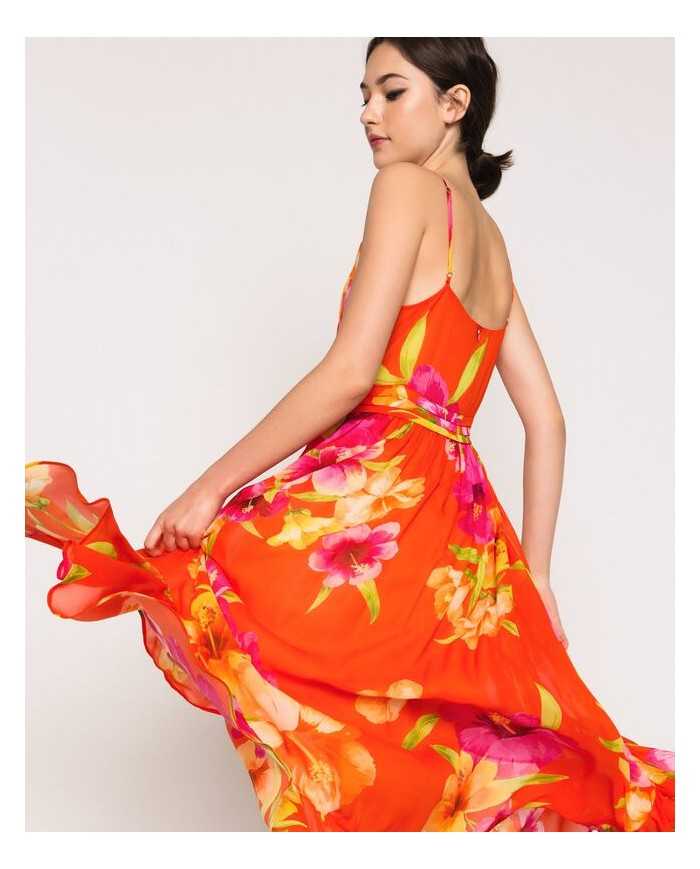 Abito arancione donna con stampa Hibiscus Flame | TWINSET