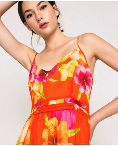 Abito arancione donna con stampa Hibiscus Flame | TWINSET Abito arancione donna con stampa Hibiscus Flame | TWINSET
