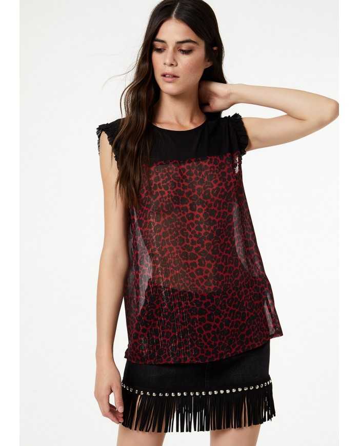 LIU JO Top Donna A-TI Georgette Chiusura Goccia Bottone Rosso Leopa...