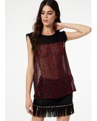 LIU JO Top Donna A-TI Georgette Chiusura Goccia Bottone Rosso Leopa...