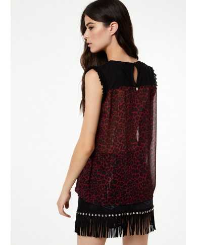 LIU JO Top Donna A-TI Georgette Chiusura Goccia Bottone Rosso Leopa...