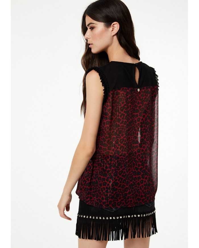 LIU JO Top Donna A-TI Georgette Chiusura Goccia Bottone Rosso Leopa...