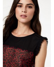 LIU JO Top Donna A-TI Georgette Chiusura Goccia Bottone Rosso Leopa...