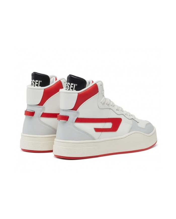 sneakers alta stile basket bianche da uomo con dettagli rossi | DIESEL