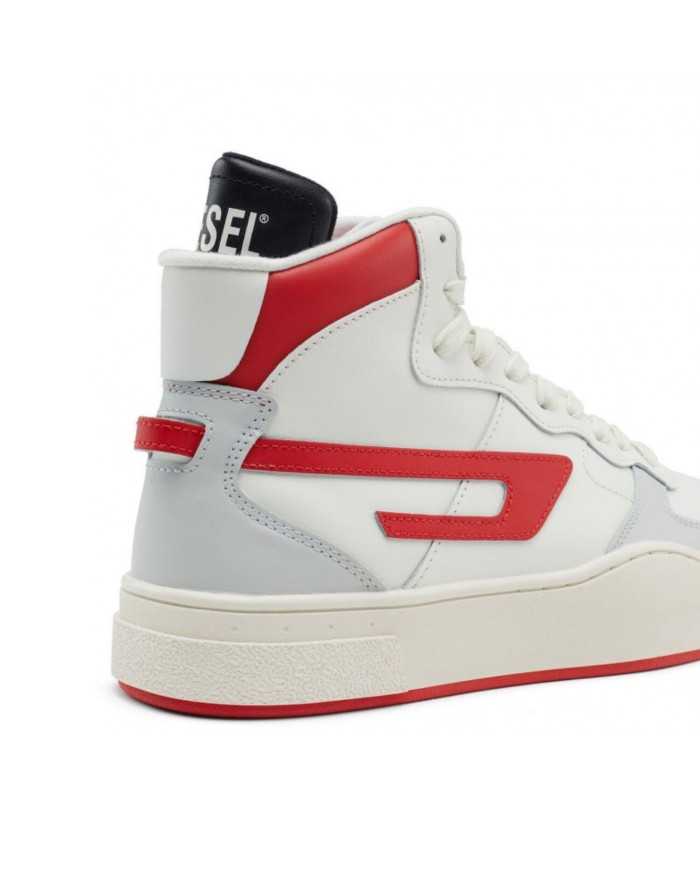 sneakers alta stile basket bianche da uomo con dettagli rossi | DIESEL