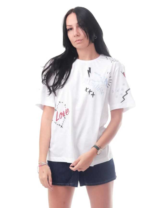 t-shirt bianco ottico da donna con disegni ricamati | LOVE MOSCHINO t-shirt bianco ottico da donna con disegni ricamati | LOVE MOSCHINO