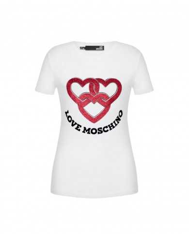 t-shirt bianco ottico donna con cuori glitterati | LOVE MOSCHINO t-shirt bianco ottico donna con cuori glitterati | LOVE MOSCHINO