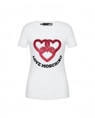 t-shirt bianco ottico donna con cuori glitterati | LOVE MOSCHINO t-shirt bianco ottico donna con cuori glitterati | LOVE MOSCHINO