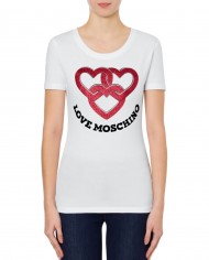 t-shirt bianco ottico donna con cuori glitterati | LOVE MOSCHINO t-shirt bianco ottico donna con cuori glitterati | LOVE MOSCHINO