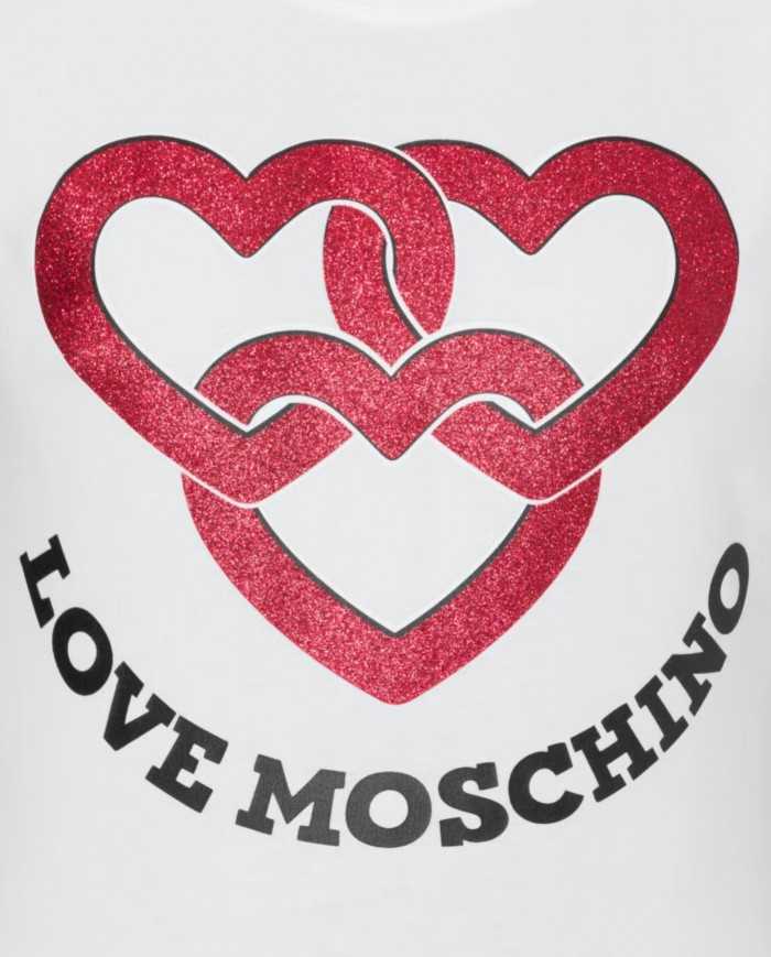 t-shirt bianco ottico donna con cuori glitterati | LOVE MOSCHINO t-shirt bianco ottico donna con cuori glitterati | LOVE MOSCHINO
