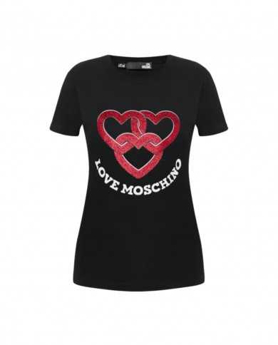 t-shirt nera donna con stampa cuori glitterati e logo | LOVE MOSCHINO t-shirt nera donna con stampa cuori glitterati e logo | LOVE MOSCHINO