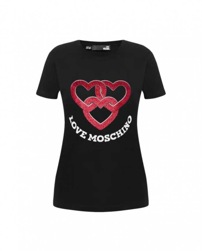 t-shirt nera donna con stampa cuori glitterati e logo | LOVE MOSCHINO t-shirt nera donna con stampa cuori glitterati e logo | LOVE MOSCHINO