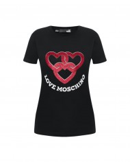 t-shirt nera donna con stampa cuori glitterati e logo | LOVE MOSCHINO t-shirt nera donna con stampa cuori glitterati e logo | LOVE MOSCHINO