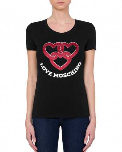 t-shirt nera donna con stampa cuori glitterati e logo | LOVE MOSCHINO t-shirt nera donna con stampa cuori glitterati e logo | LOVE MOSCHINO