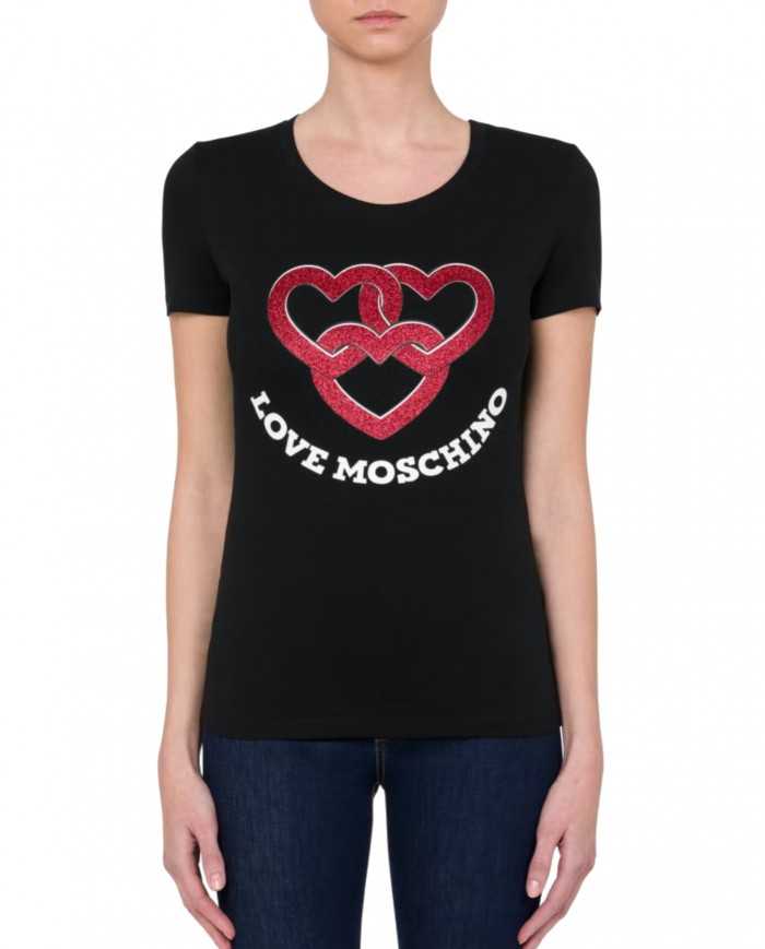 t-shirt nera donna con stampa cuori glitterati e logo | LOVE MOSCHINO t-shirt nera donna con stampa cuori glitterati e logo | LOVE MOSCHINO