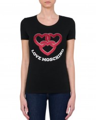 t-shirt nera donna con stampa cuori glitterati e logo | LOVE MOSCHINO t-shirt nera donna con stampa cuori glitterati e logo | LOVE MOSCHINO