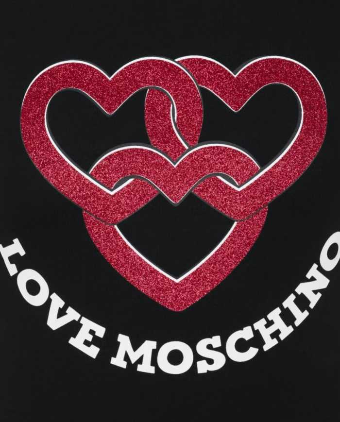 t-shirt nera donna con stampa cuori glitterati e logo | LOVE MOSCHINO t-shirt nera donna con stampa cuori glitterati e logo | LOVE MOSCHINO