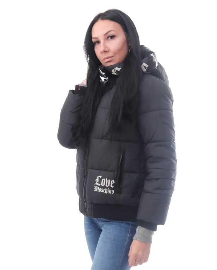 piumino celeste da donna con collo alto e logo gotico | LOVE MOSCHINO