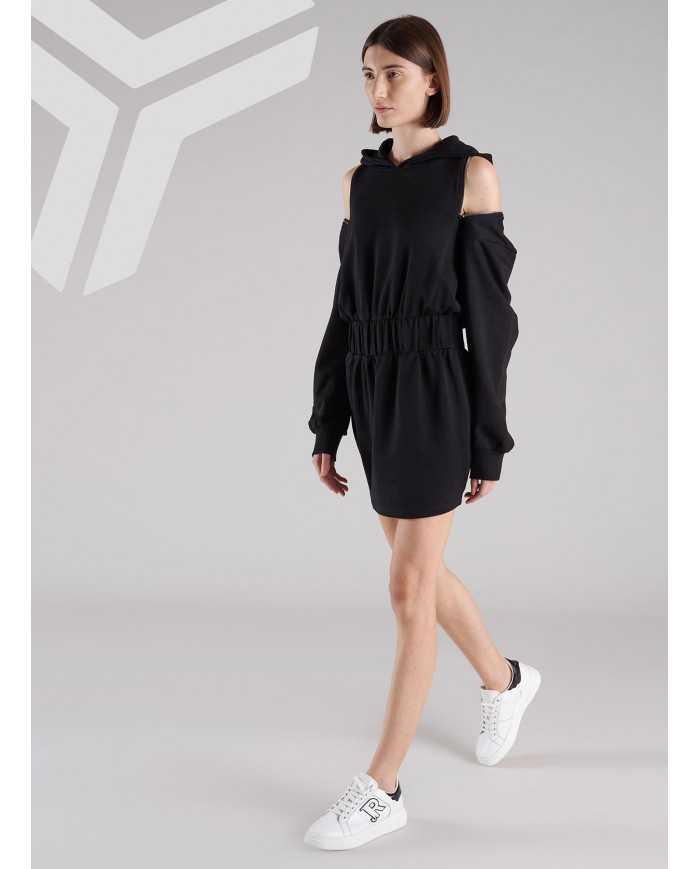 abito nero da donna arricciato al centro e logato su manica | RICHMOND abito nero da donna arricciato al centro e logato su manica | RICHMOND