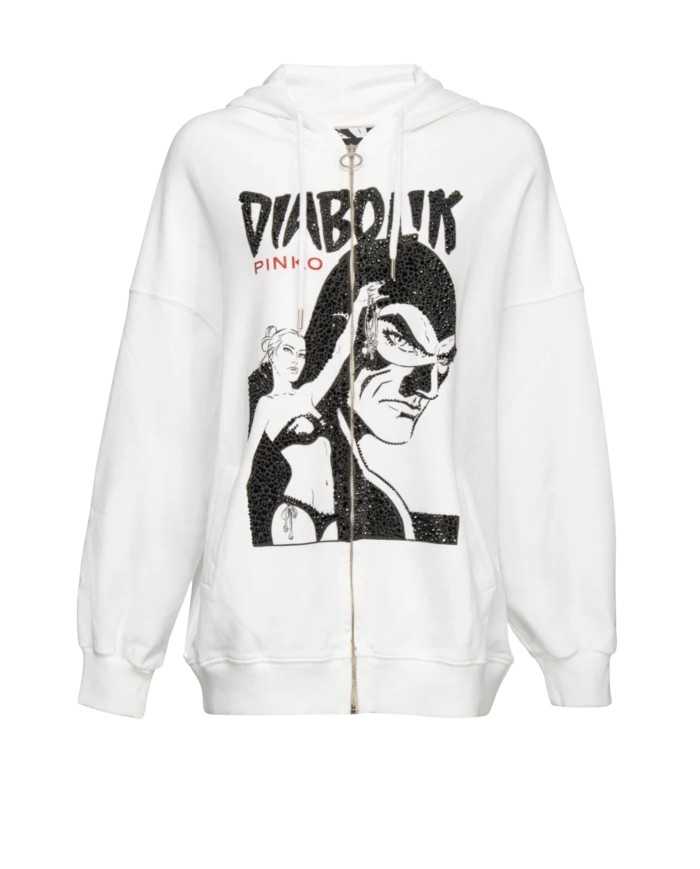 felpa bianca da donna con stampa con strass e patch | PINKO x DIABOLIK felpa bianca da donna con stampa con strass e patch | PINKO x DIABOLIK