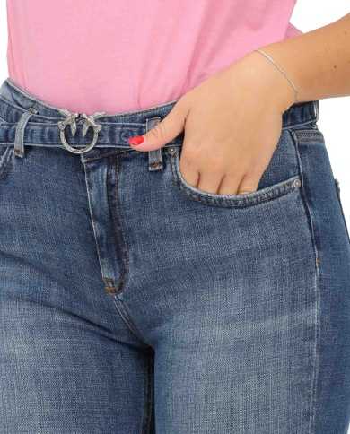 jeans blue denim donna con fibbia logata in argento anticato | PINKO