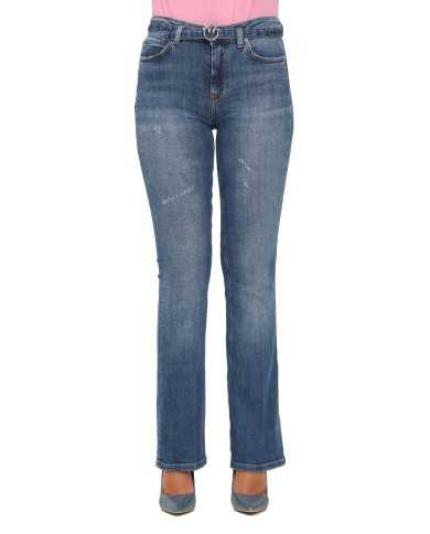 jeans blue denim donna con fibbia logata in argento anticato | PINKO