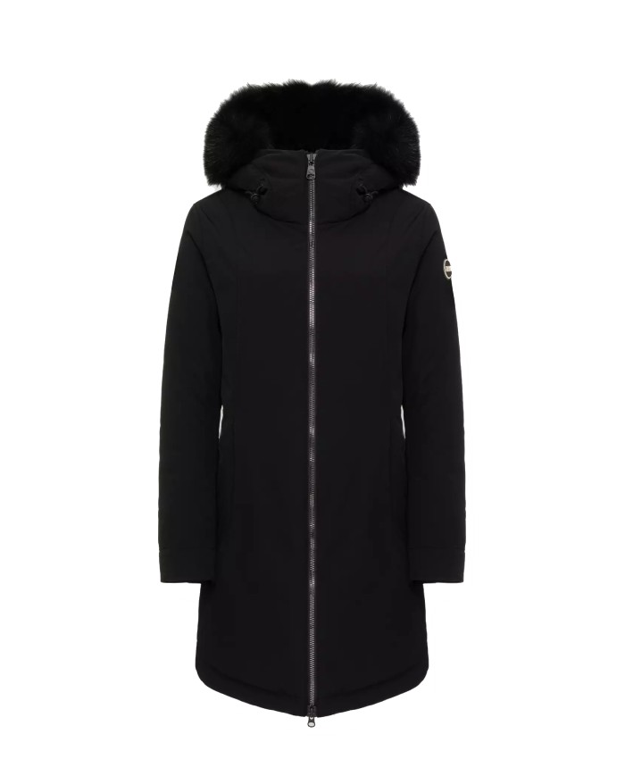 giaccone lungo nero da donna trapuntato on pelliccia e logo COLMAR