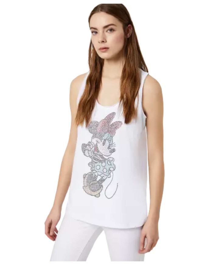 LIU JO Top Donna Liu Jo P ES Canotta Cotone Strass Topolino Bianca
