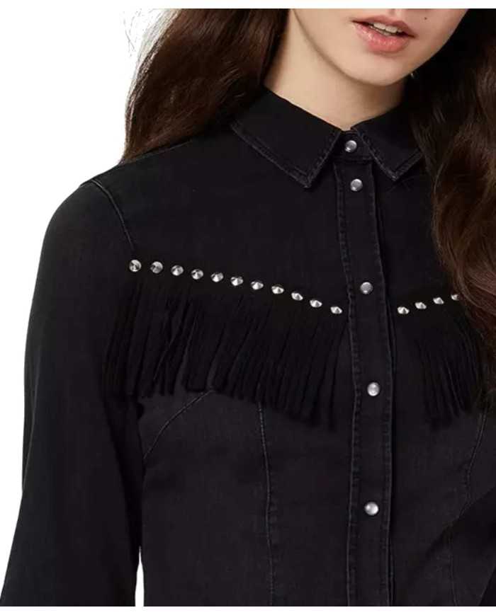 LIU JO Camicia Jeans Donna A-TI Denim Cotone Nera Frange Borchie El... LIU JO Camicia Jeans Donna A-TI Denim Cotone Nera Frange Borchie El...