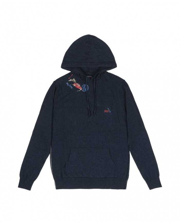 felpa blu da uomo con tasca e dettagli stampati e logo in alto | BOB felpa blu da uomo con tasca e dettagli stampati e logo in alto | BOB