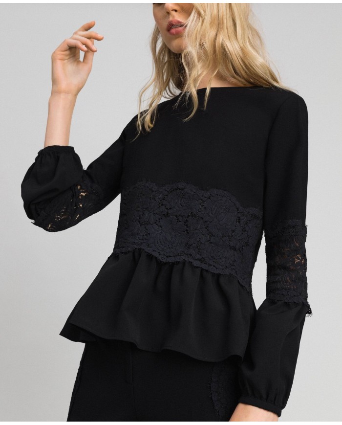 TWINSET Blusa Donna A TI Maglia Collo Tondo Pizzo Elastica Nera Ros
