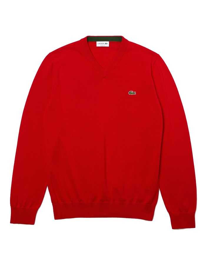 pullover scollo a v rosso da uomo con dettagli in contrasto | LACOSTE