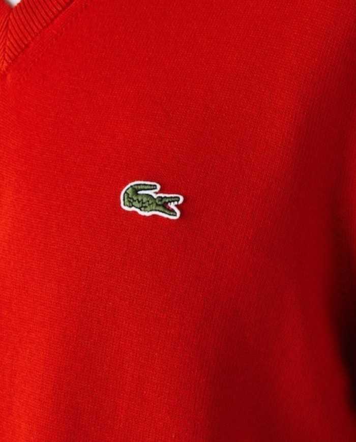 pullover scollo a v rosso da uomo con dettagli in contrasto | LACOSTE
