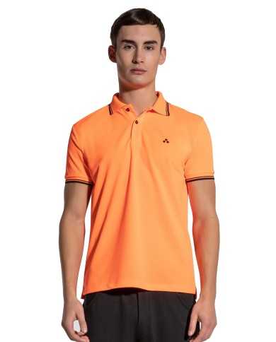 polo arancio fluo uomo con ricamo logo e dettagli stripes | PEUTEREY polo arancio fluo uomo con ricamo logo e dettagli stripes | PEUTEREY