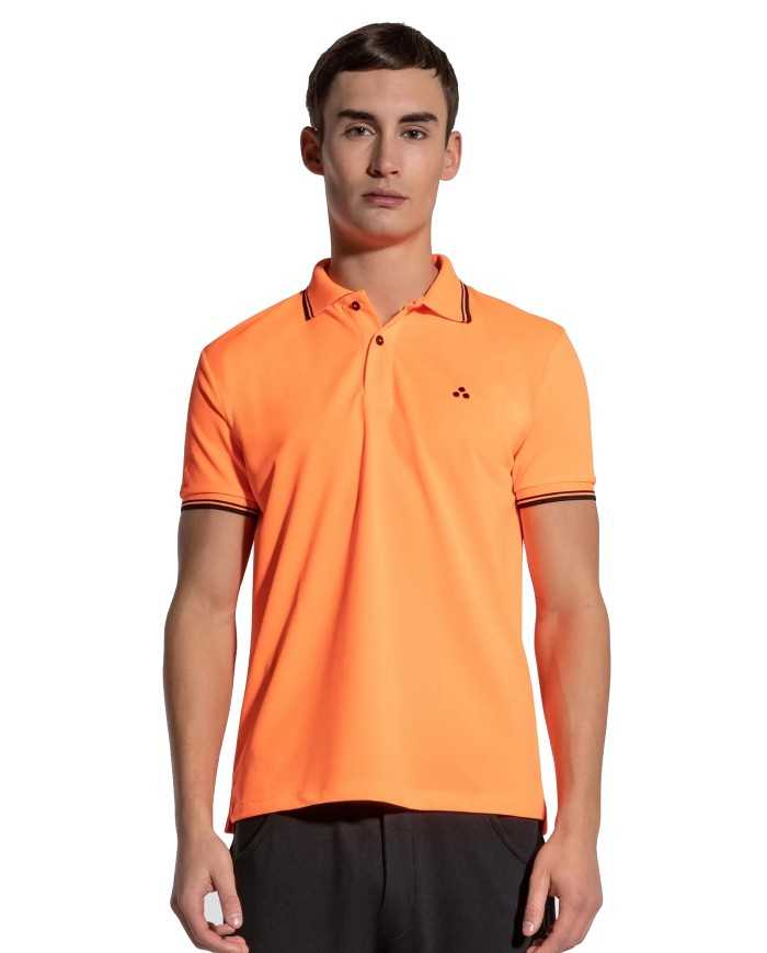 polo arancio fluo uomo con ricamo logo e dettagli stripes | PEUTEREY polo arancio fluo uomo con ricamo logo e dettagli stripes | PEUTEREY