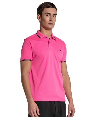 polo rosa fluo da uomo con ricamo logo e dettagli stripes | PEUTEREY polo rosa fluo da uomo con ricamo logo e dettagli stripes | PEUTEREY