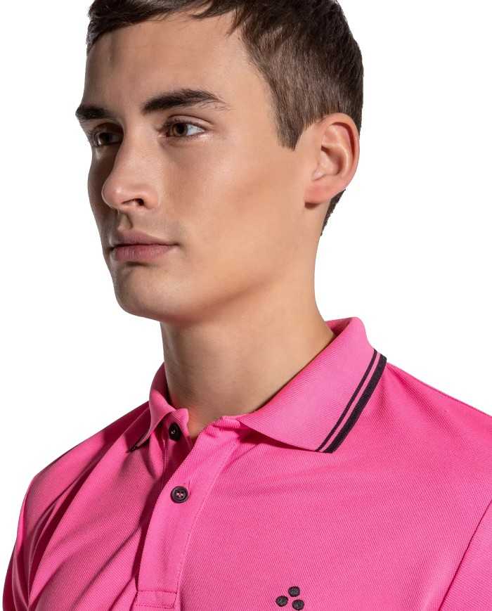 polo rosa fluo da uomo con ricamo logo e dettagli stripes | PEUTEREY polo rosa fluo da uomo con ricamo logo e dettagli stripes | PEUTEREY