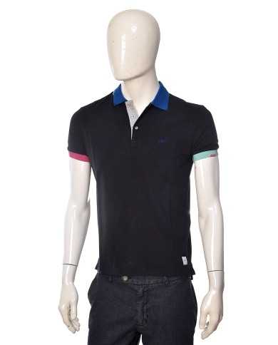 Polo blu da uomo con loghi e colletto e bordo manica a fantasia | BOB Polo blu da uomo con loghi e colletto e bordo manica a fantasia | BOB