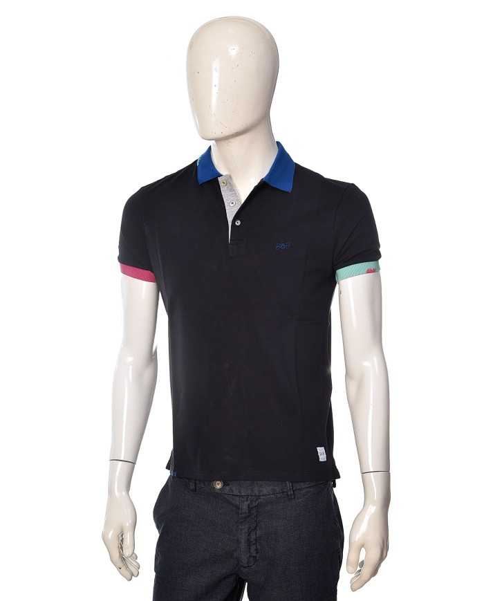 Polo blu da uomo con loghi e colletto e bordo manica a fantasia | BOB Polo blu da uomo con loghi e colletto e bordo manica a fantasia | BOB