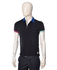 Polo blu da uomo con loghi e colletto e bordo manica a fantasia | BOB Polo blu da uomo con loghi e colletto e bordo manica a fantasia | BOB