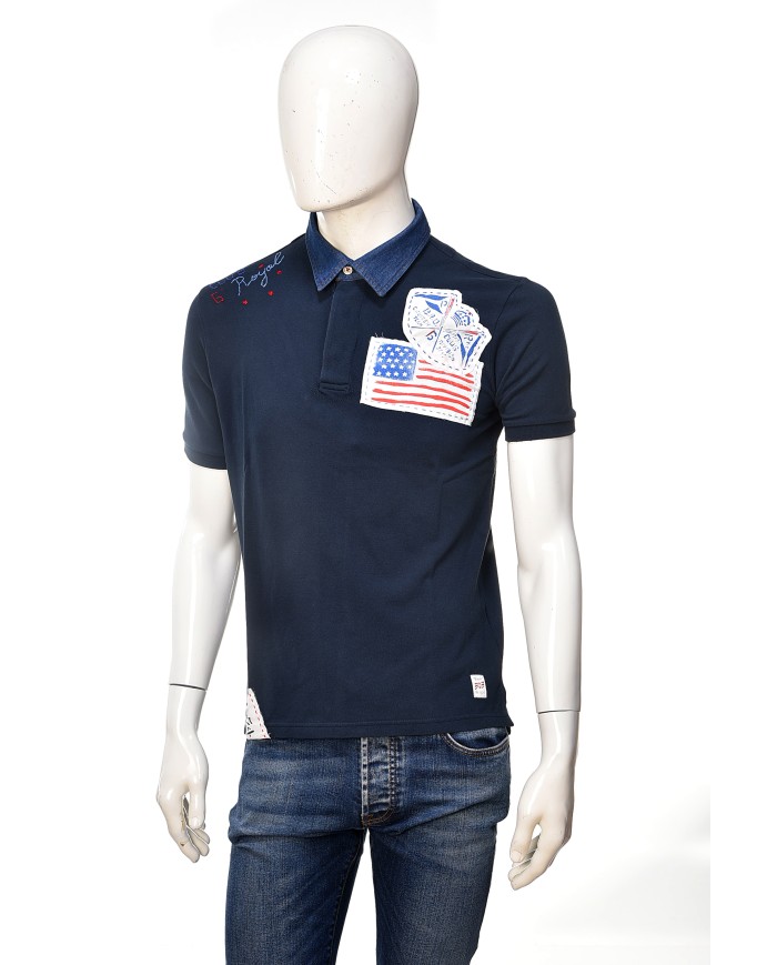 BOB Company Polo Uomo Luis Cotone Ricamata Blu Bianca America P TI