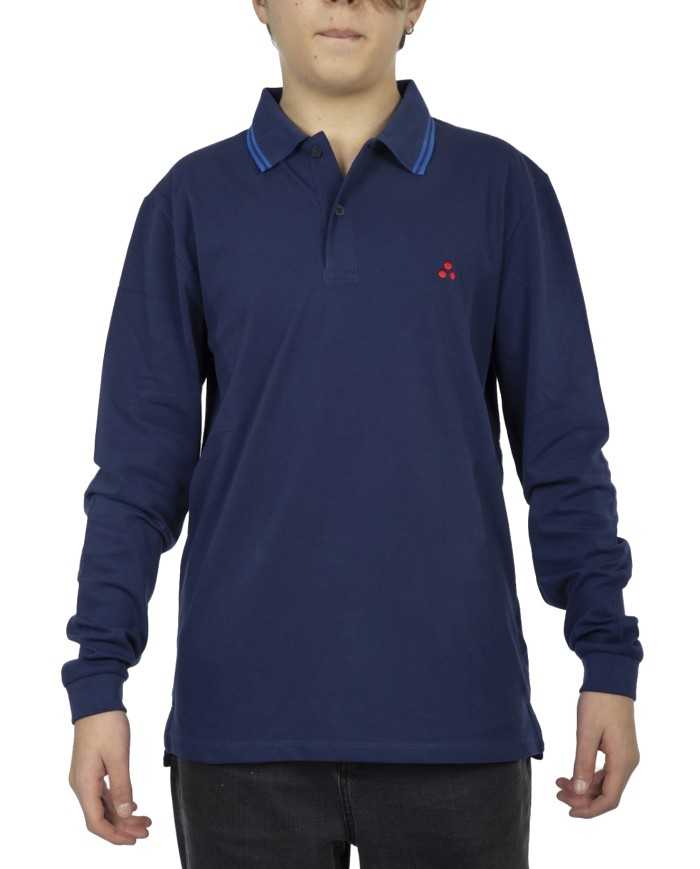polo blu china da uomo con logo ricamo e dettagli stripes | PEUTEREY polo blu china da uomo con logo ricamo e dettagli stripes | PEUTEREY