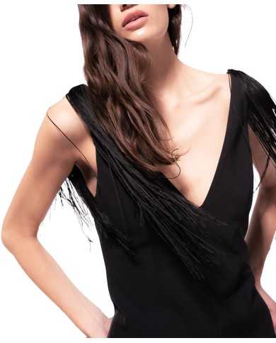 mini abito senza maniche nero limousine da donna con frange | PINKO mini abito senza maniche nero limousine da donna con frange | PINKO