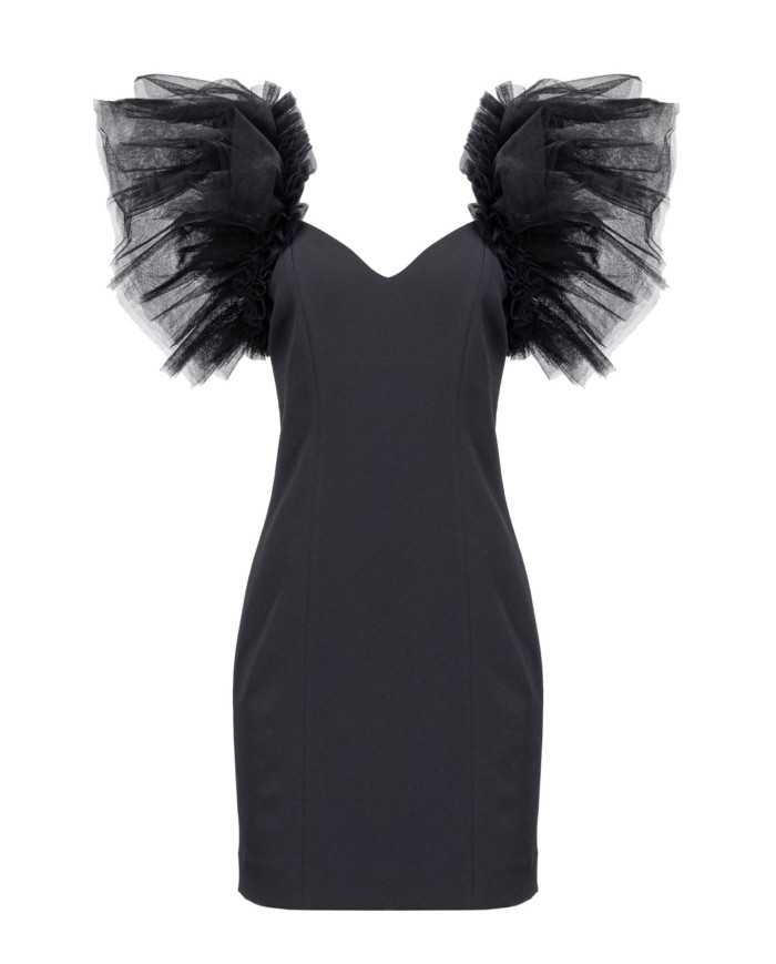 mini abito nero limousine da donna con vollant in tulle | PINKO mini abito nero limousine da donna con vollant in tulle | PINKO