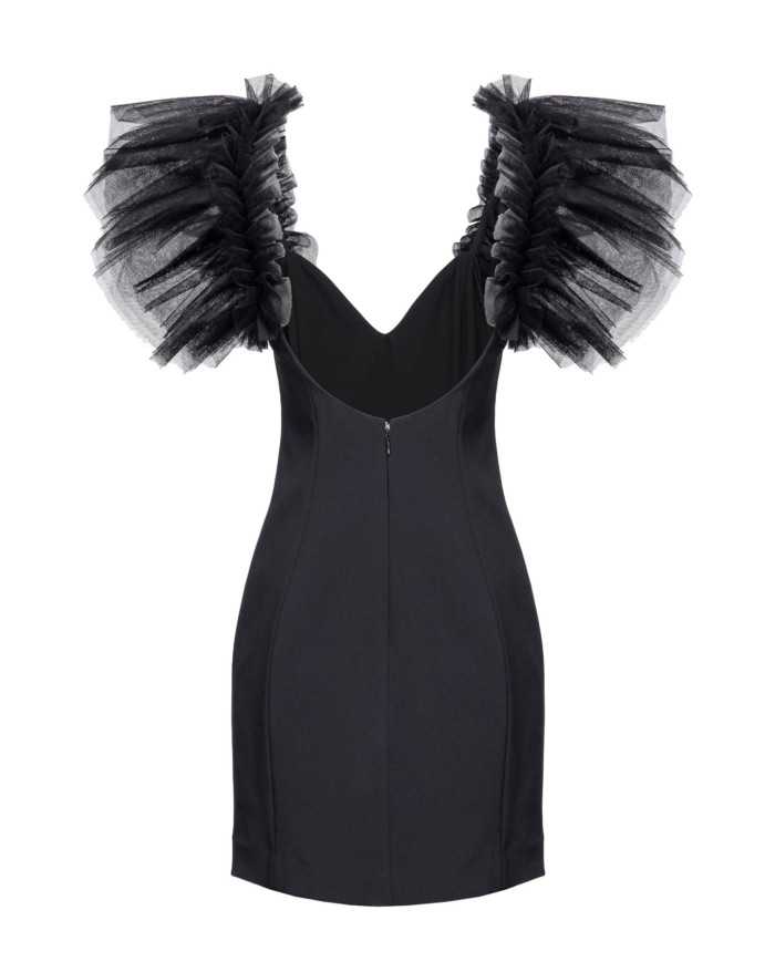mini abito nero limousine da donna con vollant in tulle | PINKO mini abito nero limousine da donna con vollant in tulle | PINKO