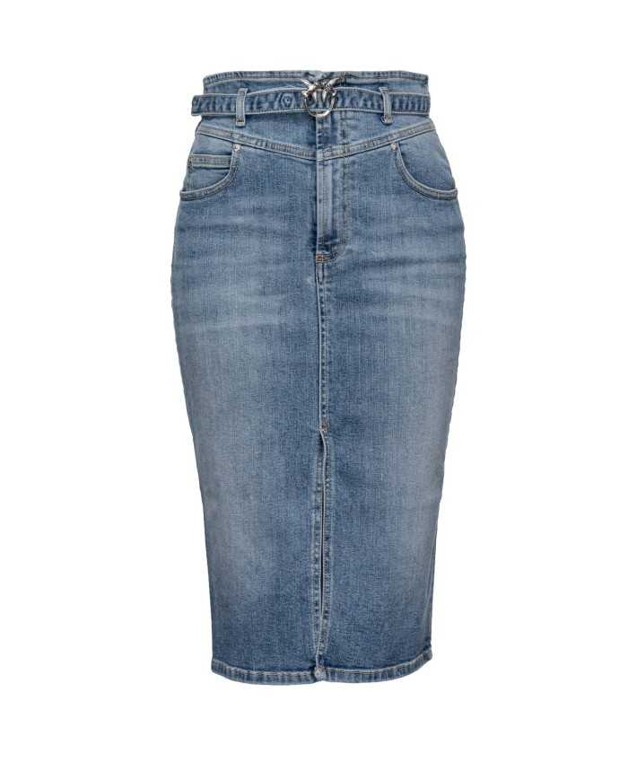 gonna a vita alta denim chiaro da donna con spacco centrale | PINKO gonna a vita alta denim chiaro da donna con spacco centrale | PINKO