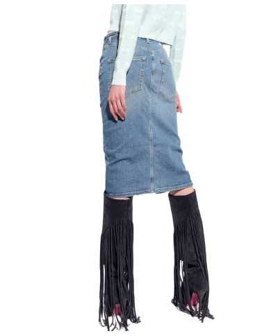 gonna a vita alta denim chiaro da donna con spacco centrale | PINKO gonna a vita alta denim chiaro da donna con spacco centrale | PINKO