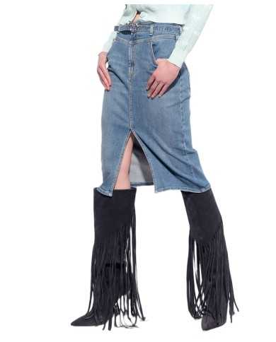 gonna a vita alta denim chiaro da donna con spacco centrale | PINKO gonna a vita alta denim chiaro da donna con spacco centrale | PINKO