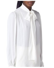 blusa bianca da donna con collo a fusciacca da annodare | PINKO